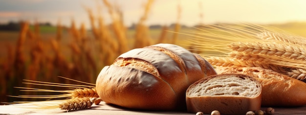 Frisches Brot liegt auf einer Holzoberfläche vor einem Weizenfeld im Hintergrund