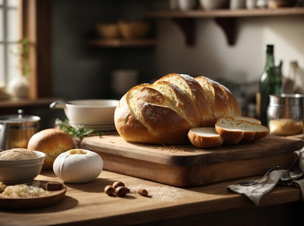 Frisches Brot mit Küchenzubehör auf dem Tisch