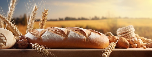 Frisches Brot ruht auf einer Holzoberfläche vor einem Weizenfeld im Hintergrund