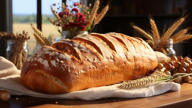 frisches Brot und Rollen auf einem Holztisch in der Bäckerei