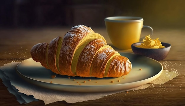 Frisches Croissant und Kaffee auf rustikalem Holztisch, generiert von AI