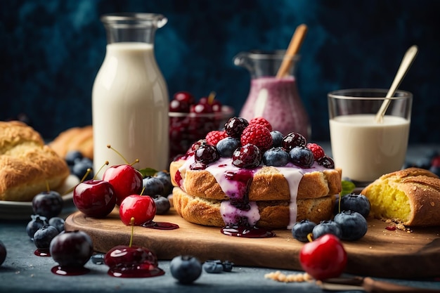 Frisches dänisches Brot mit Milch und Fruchtblueberry-Kirsche-Sauce, serviert mit Milch