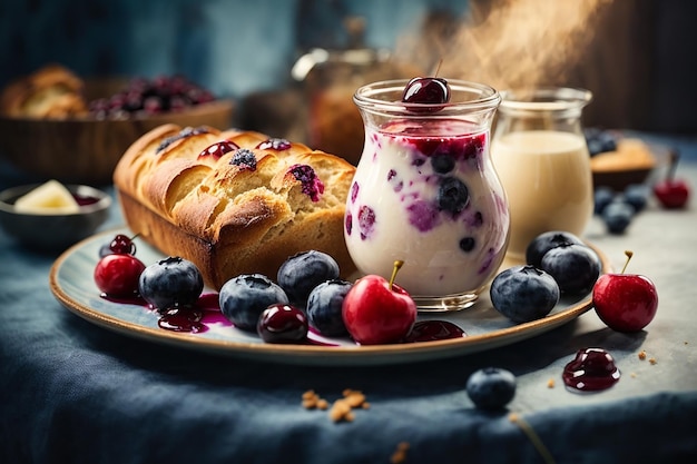 Frisches dänisches Brot mit Milch und Fruchtblueberry-Kirsche-Sauce, serviert mit Milch