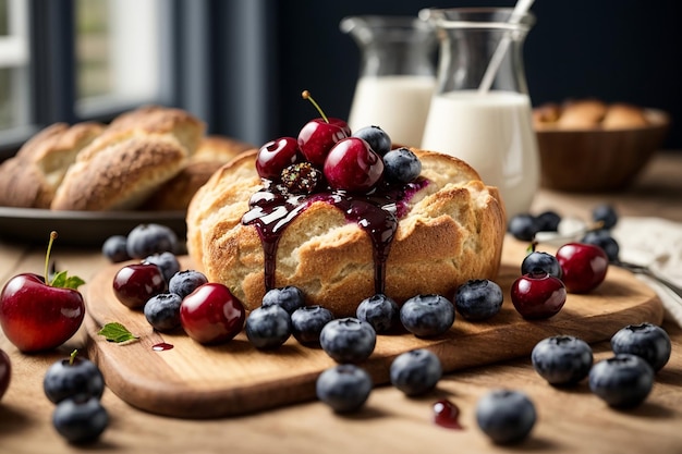 Frisches dänisches Brot mit Milch und Fruchtblueberry-Kirschensauce mit Milch serviert