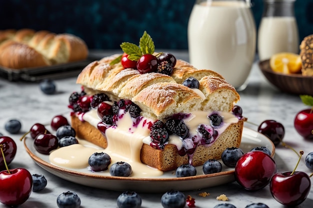 Frisches dänisches Brot mit Milch und Fruchtblueberry-Kirschensauce mit Milch serviert