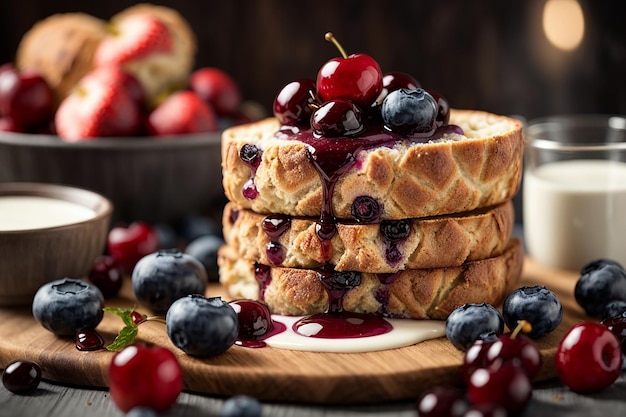 Frisches dänisches Brot mit Milch und Fruchtblueberry-Kirschensauce mit Milch serviert