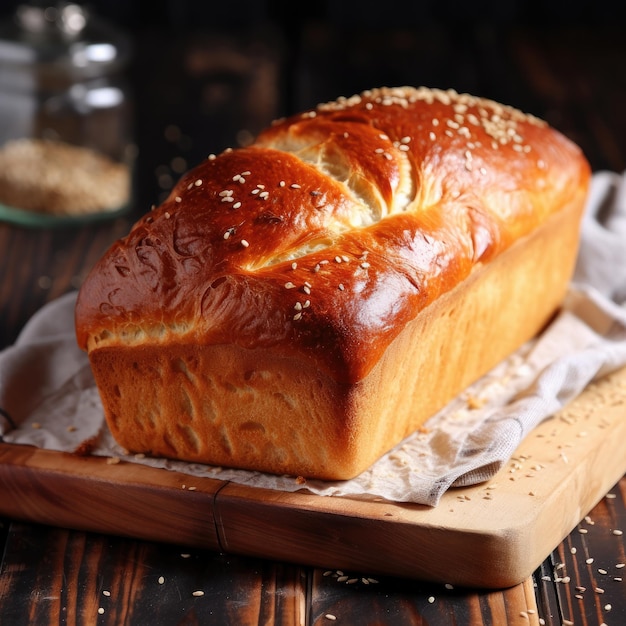 Frisches duftendes, knuspriges Brot auf einem Holztisch mit dunklem Hintergrund Generative KI