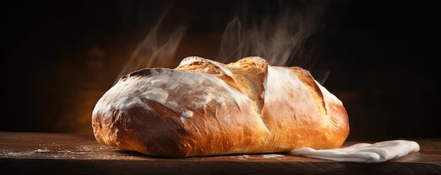 Frisches duftendes, knuspriges Brot auf einem Holztisch mit dunklem Hintergrund Generative KI