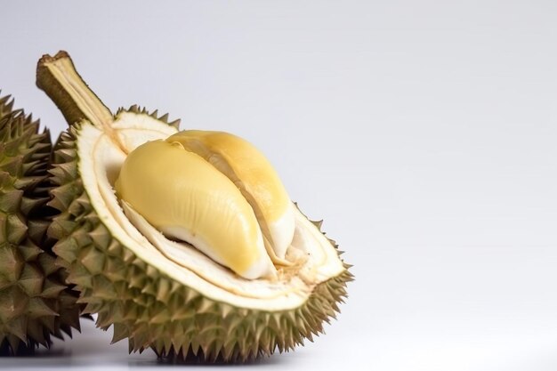 Frisches Durian-Isolat auf weißem Hintergrund Makro-Studioaufnahme AI generiert