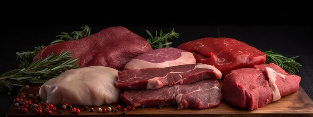 frisches Fleisch auf dunklem Hintergrund Generative AI