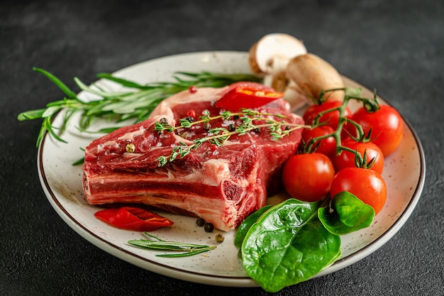 Frisches fleisch auf teller mit zutaten zum kochen