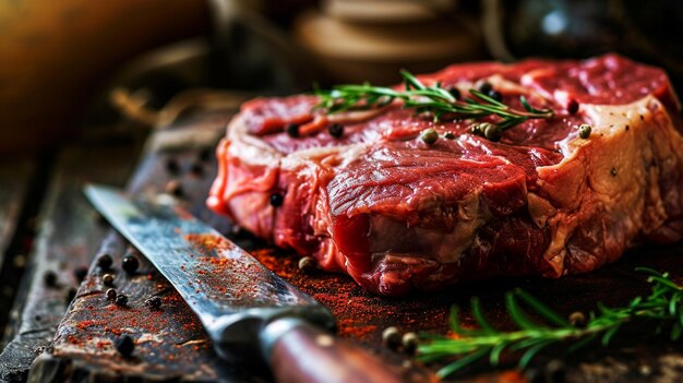 Frisches Fleisch mit Zutaten zum Kochen auf dunklem Tisch selektiver Fokus Generative KI