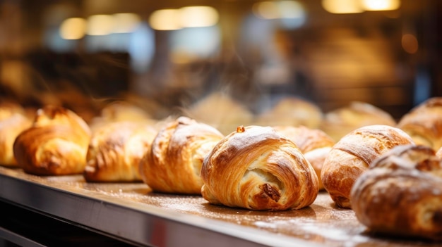 Frisches Gebäck im verschwommenen Hintergrund der Bäckerei