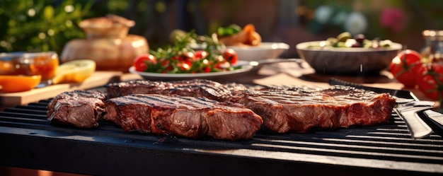 Frisches gegrilltes Wurstgemüse Käse und Steak auf dem Grill im Freien Panorama Generative Ai