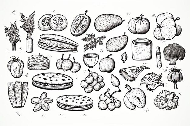 Frisches Gemüse-Doodle-Linien-Art-Ikonensatz und handgezeichnetes gesundes Lebensmittel-Clipart-Illustration auf weißem Hintergrund