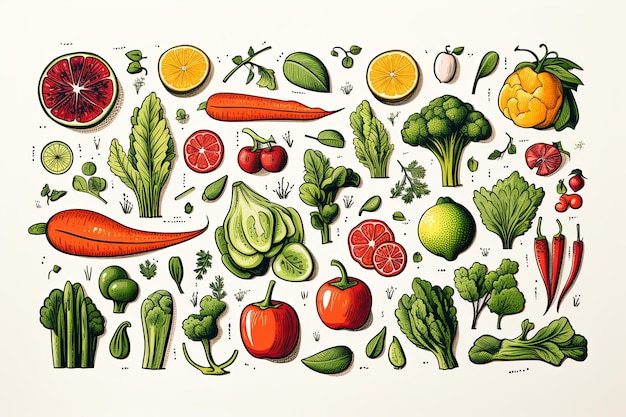 Frisches Gemüse-Doodle-Linien-Art-Ikonensatz und handgezeichnetes gesundes Lebensmittel-Clipart-Illustration auf weißem Hintergrund