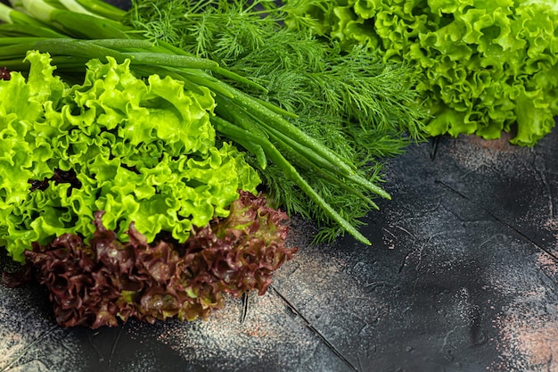 Frisches Gemüse für Salat Tomaten und Kopfsalat Gurken mit Zucchini und Kohl mit Dill Frühlingsernte Vorteile und Vitamine Auf einem dunklen Hintergrund kopieren