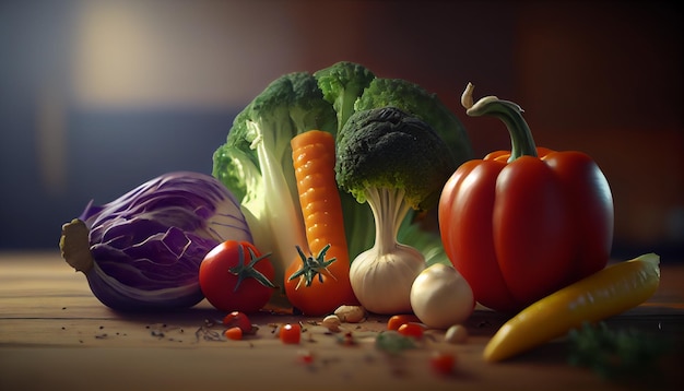 Frisches Gemüse in Holztisch gesunde Lebensmittel generative AI
