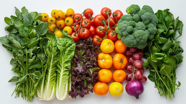 Frisches Gemüse in Reihen auf weißem Hintergrund, lebendig grüne Tomaten und