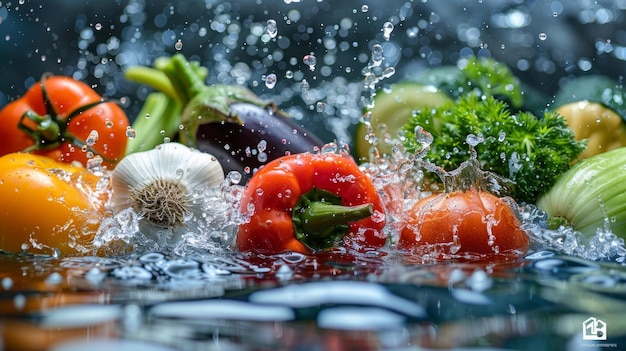 Frisches Gemüse in Wasser spritzt auf weißem Hintergrund