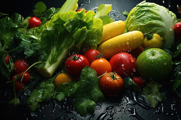 Frisches Gemüse mit Wassertropfen auf schwarzem Hintergrund