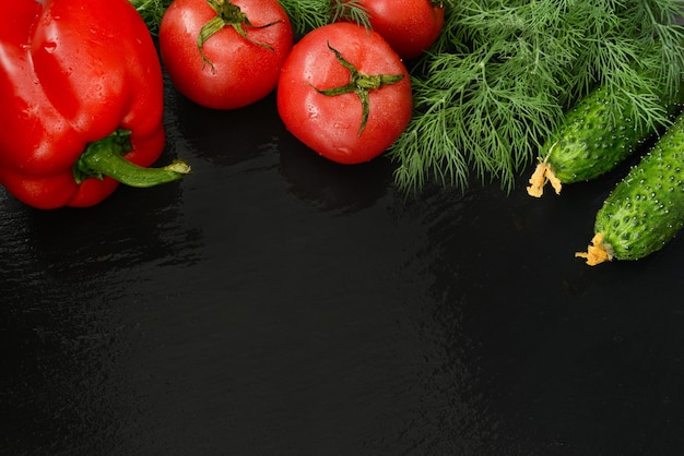 Frisches Gemüse - Tomaten, Gurken, Paprika, Paprika und Dill auf schwarzem Hintergrund, Kopierraum