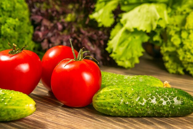 Frisches Gemüse. Tomaten und Gurken auf einem Holztisch. Leckeres vegetarisches Essen.