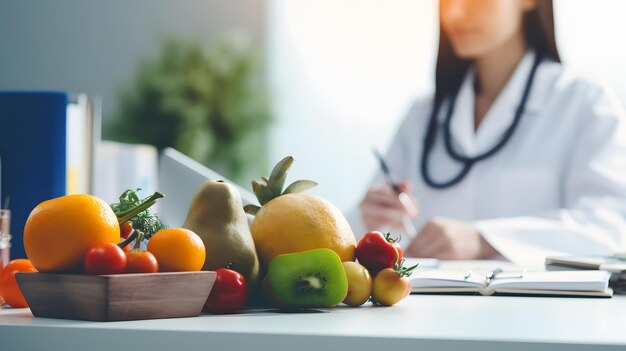 Foto frisches gemüse und obst auf dem schreibtisch mit einer ernährungswissenschaftlerin, die im krankenhaus arbeitet