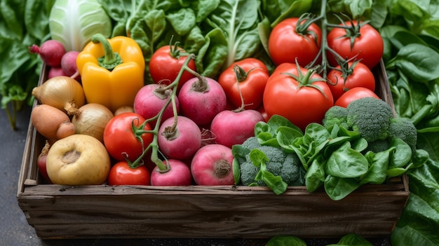 Frisches Gemüse und Obst auf einem Holztisch