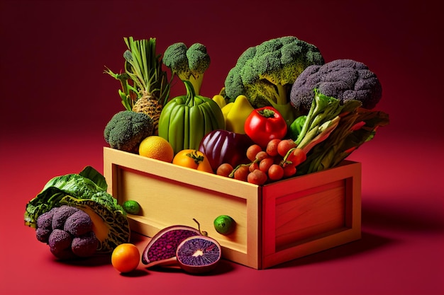 Frisches Gemüse und Obst in einer Holzkiste auf rotem Hintergrund generative ai