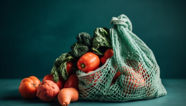 Frisches Gemüse und Obst in rustikaler Sackleinenanordnung, generiert von KI