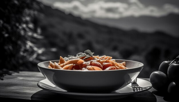 Foto frisches gourmet-essen auf holztisch mit bio-gemüseschale, generiert von ki