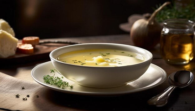 Frisches Gourmetessen auf rustikalem Tisch, gesunde Suppe in einer Schüssel, erzeugt durch künstliche Intelligenz