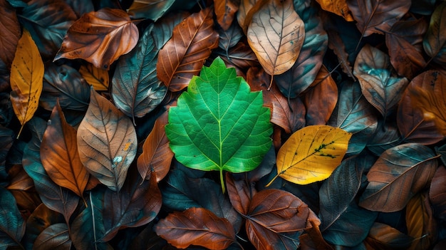 Frisches grünes Blatt auf einem Haufen Herbstblätter, das die Erneuerung symbolisiert