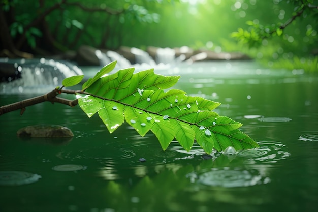 Frisches grünes Blatt auf nassem, erfrischendem Wasser