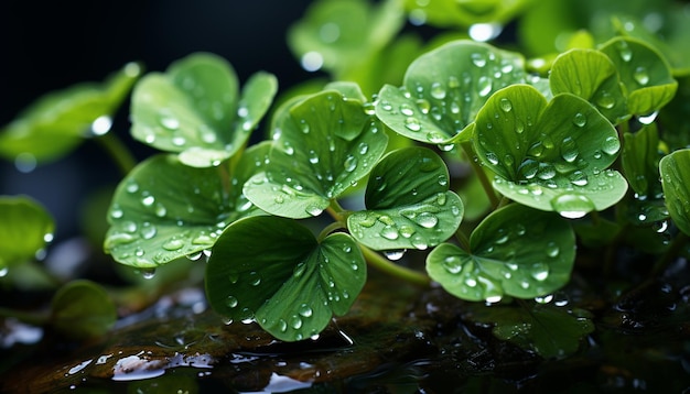 Frisches grünes Blatt mit Wassertropfen in der Natur, erzeugt durch KI