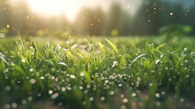 Frisches grünes Gras im Sonnenlicht Bokeh-Unschärfe Schöne Sommer- oder Frühlingsfeldlandschaft mit natürlichem Hintergrundbanner