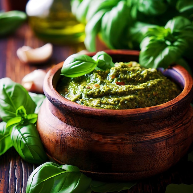 Frisches hausgemachtes Basilikumpesto auf einem rustikalen Holztisch. Selektiver Fokus