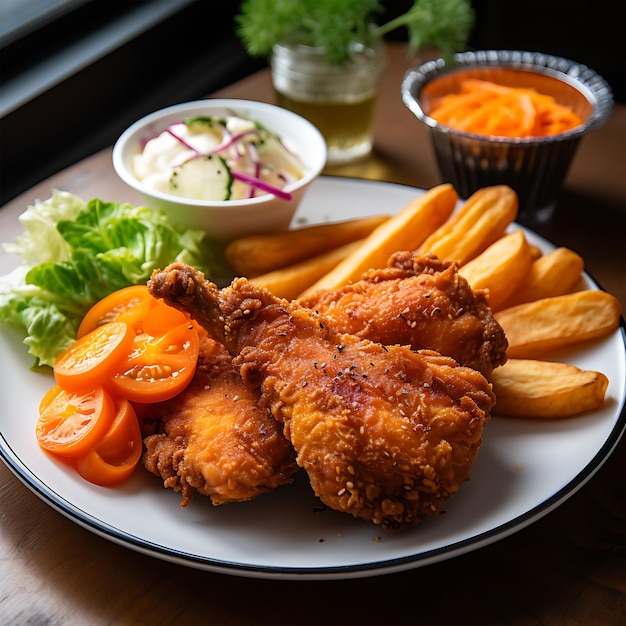 Frisches Huhn, knusprig auf einem Teller mit Salat, der von Ai hergestellt wird