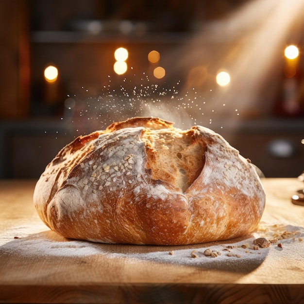 Frisches knuspriges Sauerteigbrot an einem sonnigen Tag Duftbrot auf einem Holztisch Generative KI