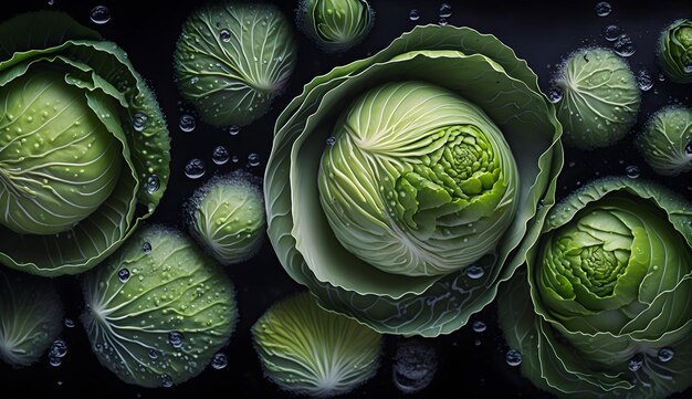 Frisches Kohl mit Wasserspritzungen und Tropfen auf schwarzem Hintergrund