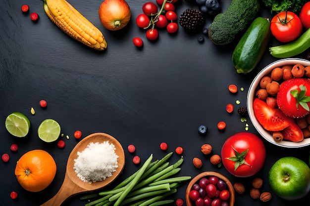 Frisches Obst, Gemüse und Beeren Auf schwarzem Hintergrund Banner Ansicht von oben Freier Platz für Ihr Te