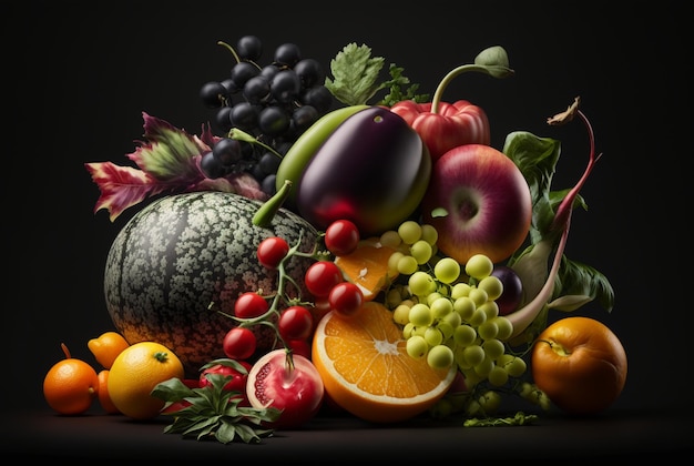 Frisches Obst mit frischem Gemüse isoliert auf schwarzem Hintergrund, generative KI