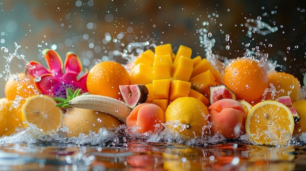 Frisches Obst mit Wasserspritz gesundem Lebensmittelhintergrund