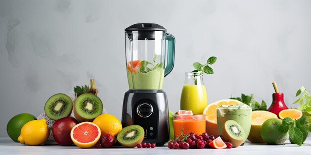 Frisches Obst und Gemüse mit modernem automatischen Mischgerät auf dem Tisch zur Herstellung von Smoothie und Saft