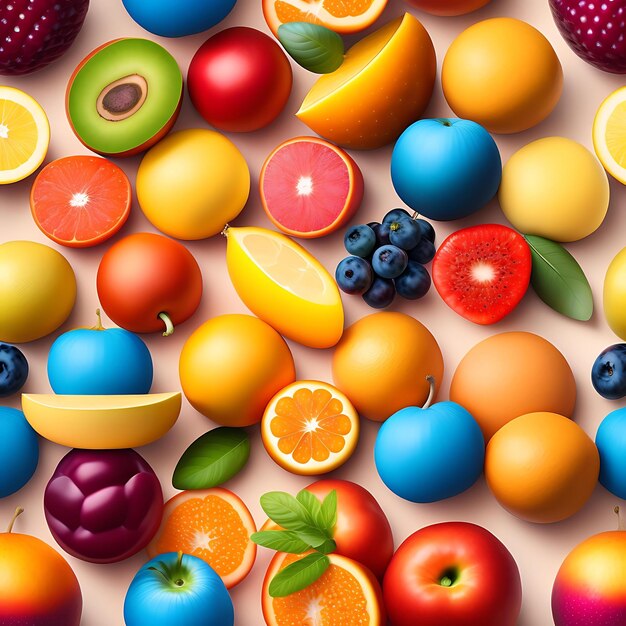 Frisches Obst, verschiedene Früchte, bunter Hintergrund. Nahtloses Muster mit verschiedenen Früchten