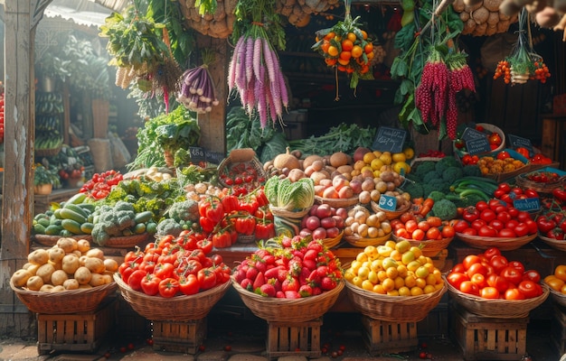 Frisches ökologisches Gemüse und Obst auf dem Bauernmarkt