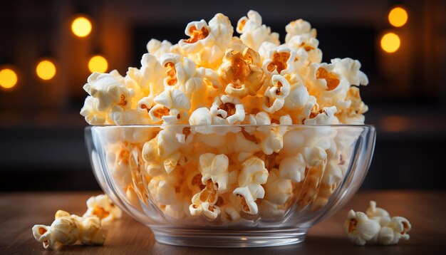 Foto frisches popcorn in einer gelben schüssel, ein perfekter kino-snack, generiert von ki.