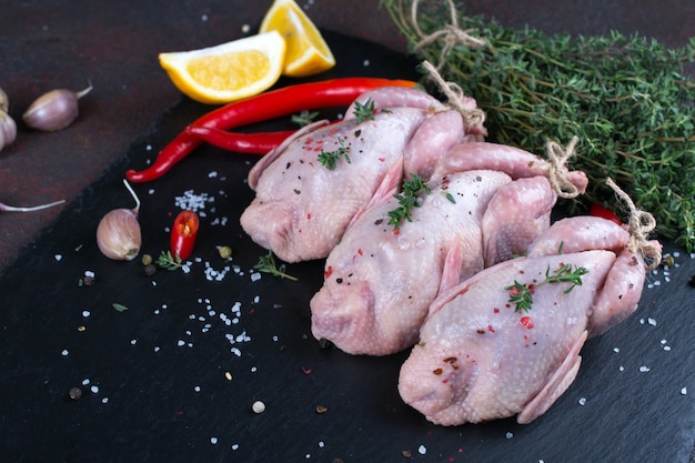 Frisches rohes Fleisch Wachteln bereit zum Kochen auf dem Schieferbrett