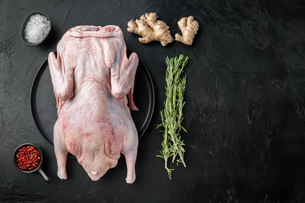 Frisches rohes ganzes Entenfleisch auf schwarzem Hintergrund